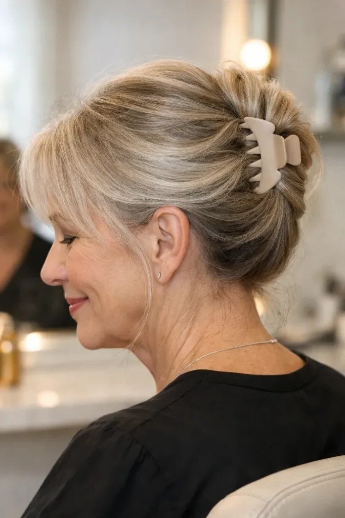 Blonde Updo With Decorative White Claw Clip - Christmas party hairstyle for women over 60 (blonde updo with decorative white claw clip, back-side view)