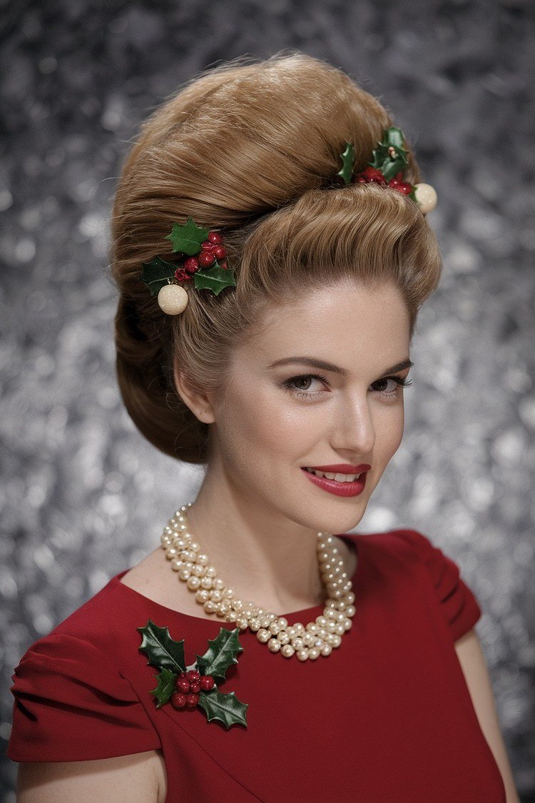 Blonde Beehive With Holly Hair Pins - Christmas party hairstyle for women over 60 (blonde beehive with holly hair pins, front view)