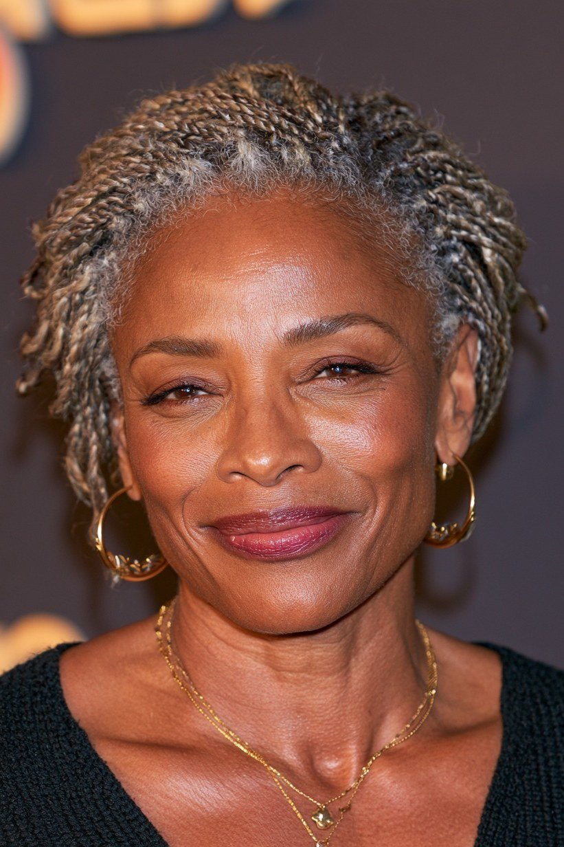Gray Natural Twist-Out - Christmas party hairstyle for women over 60 (gray natural twist-out, front view)