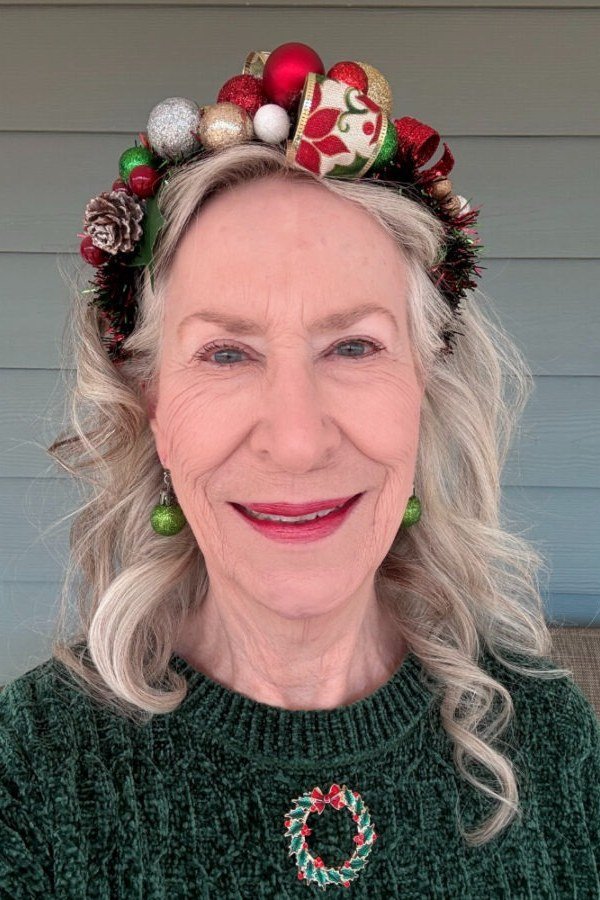 Silver Waves With Berry Holiday Crown - Christmas party hairstyle for women over 60 (silver waves with berry holiday crown, front view)