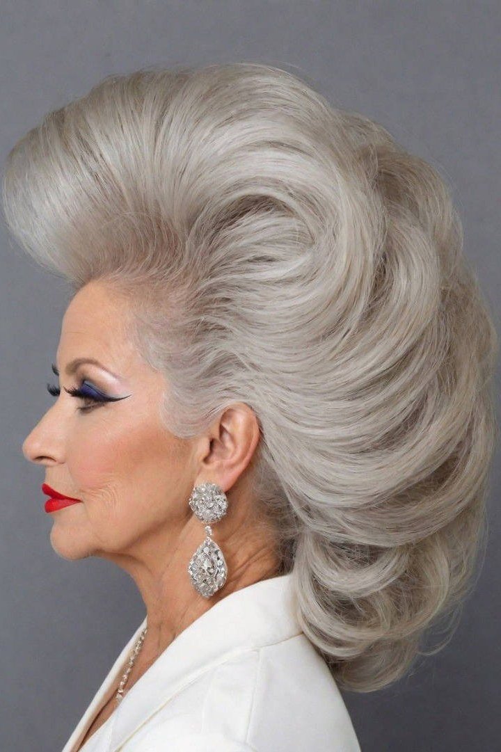 Silver Retro Bouffant Beehive - Christmas party hairstyle for women over 60 (silver retro bouffant beehive, glamorous side view)