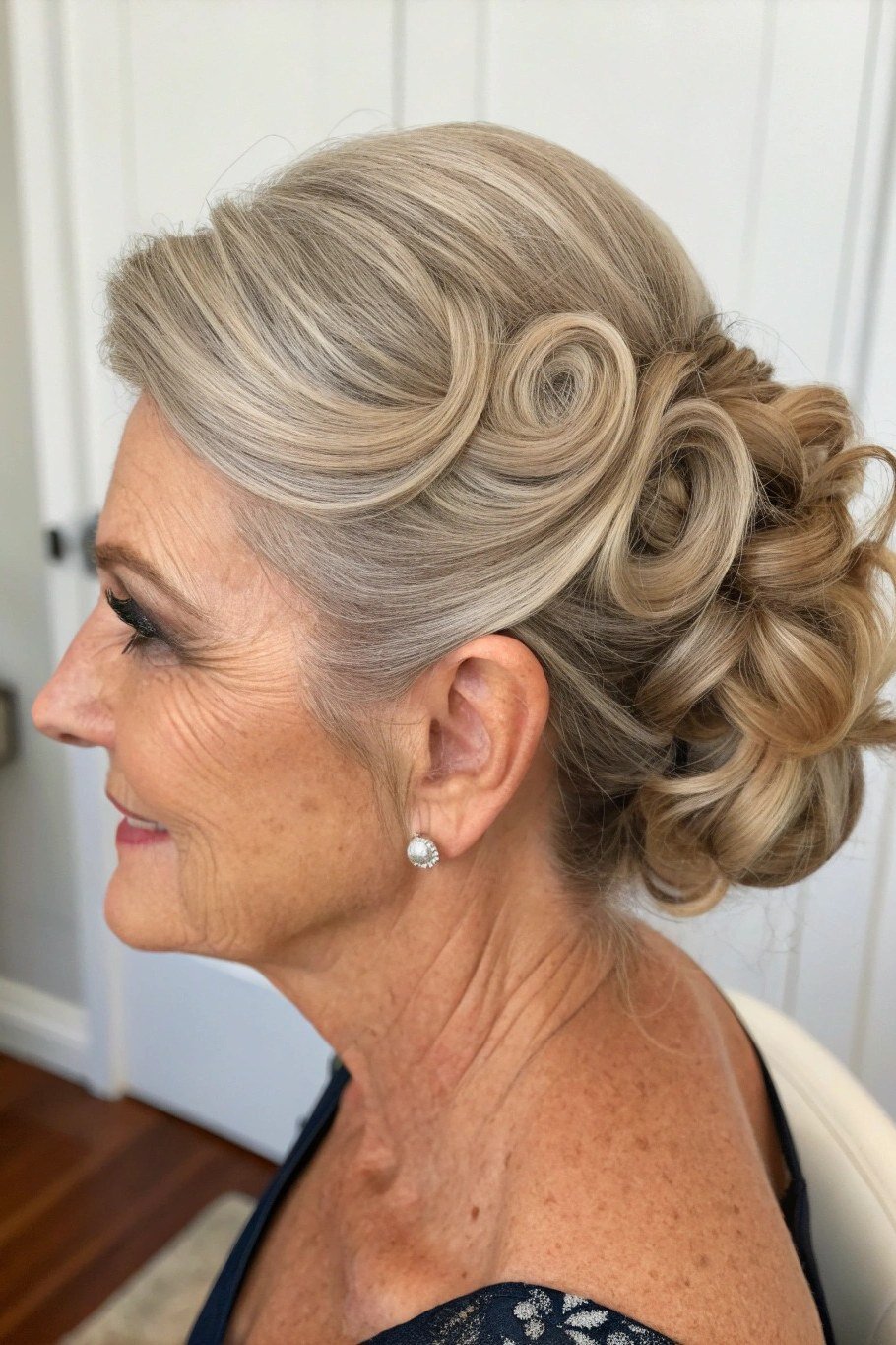 Blonde Curly Side Bun With Vintage Pin Curls - Christmas party hairstyle for women over 60 (blonde curly side bun with vintage pin curls, side view)