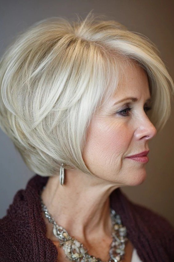 Voluminous stacked blonde bob haircut for women over 50