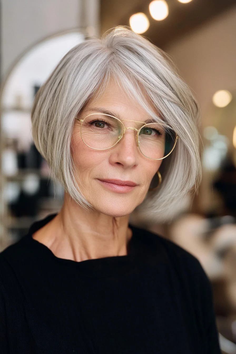 Sleek silver chin length bob with glasses for women over 50