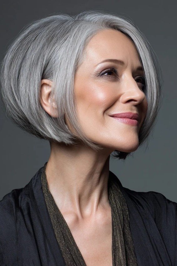 Sleek grey rounded bob haircut for women over 50