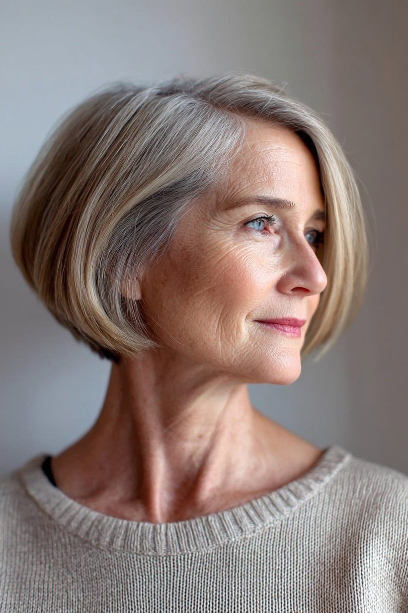 Silver jaw length bob haircut for women over 50