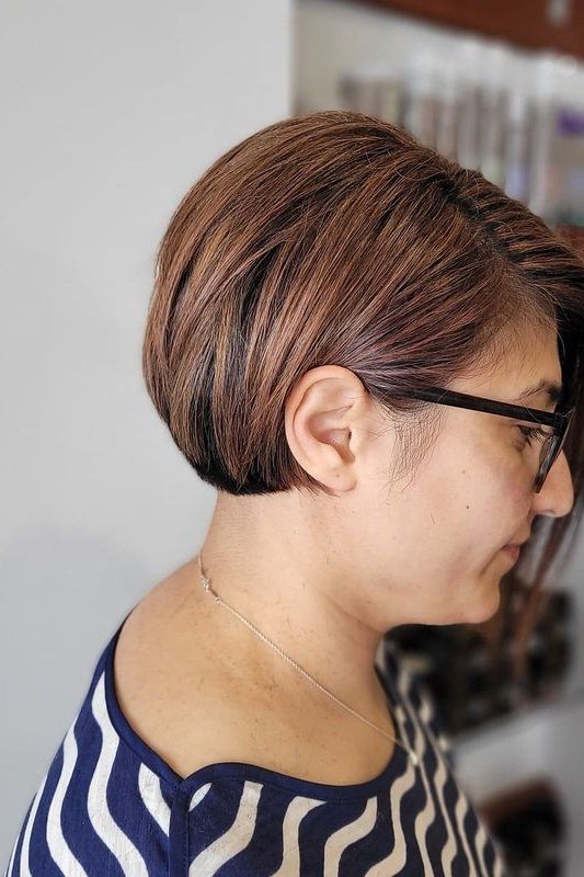 Chestnut brown stacked bob haircut for women over 50