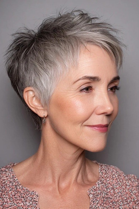 Tapered grey pixie cut for women over 50