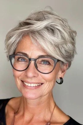 White pixie haircut with statement glasses for women over 50
