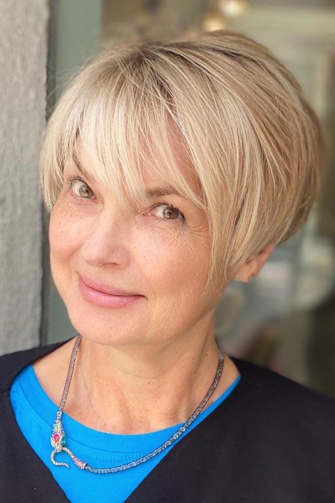 Blonde pixie bob hybrid haircut for women over 50