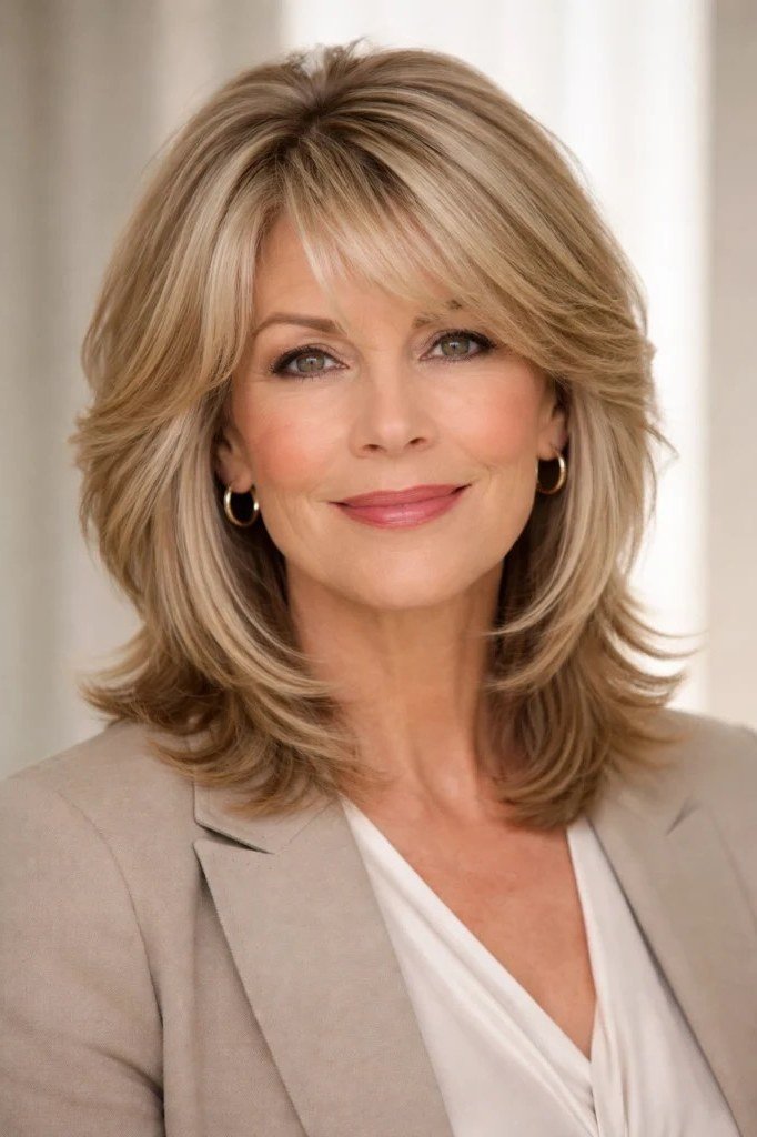 Soft layered shoulder length haircut for women over 50