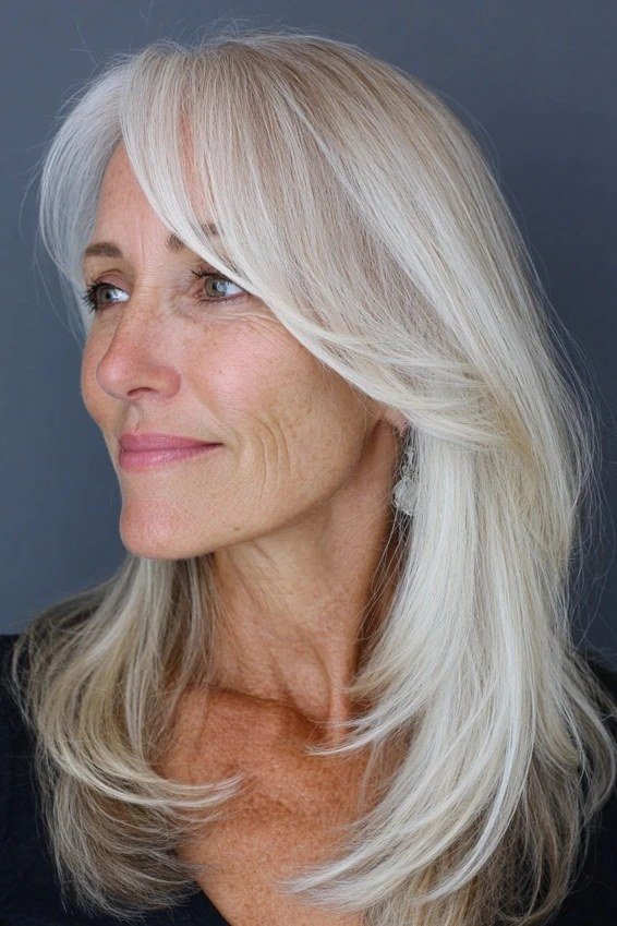 Long straight white layered haircut for women over 50