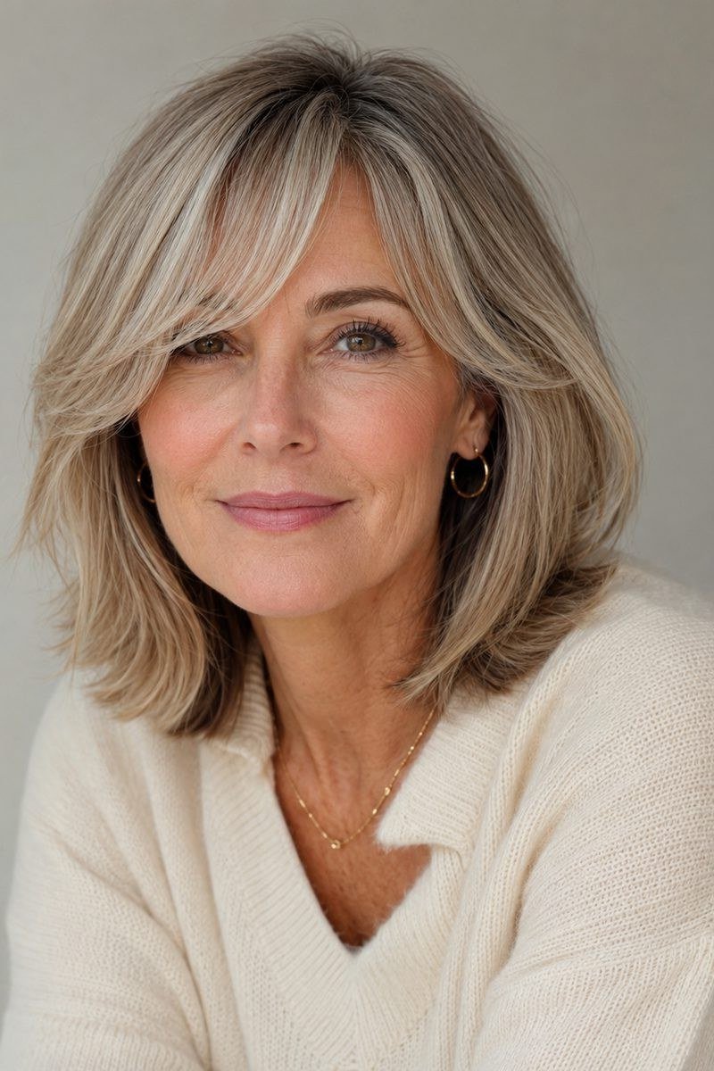 Ash blonde soft lob haircut for women over 50