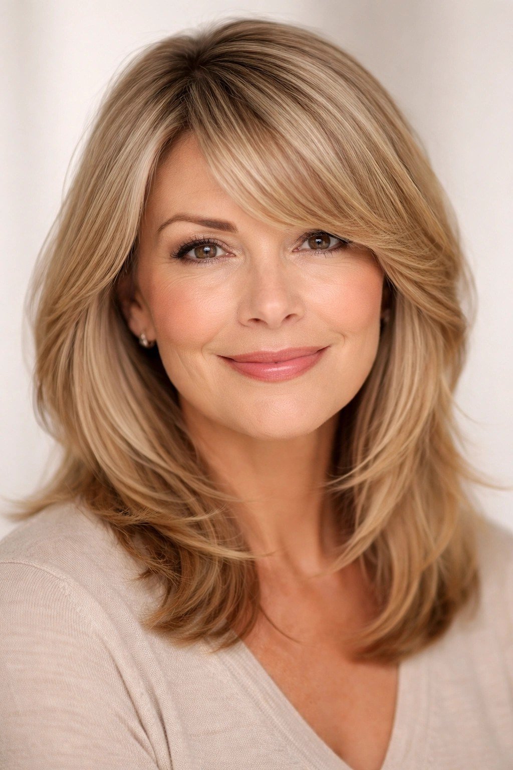 Blonde feathered layered haircut for women over 50