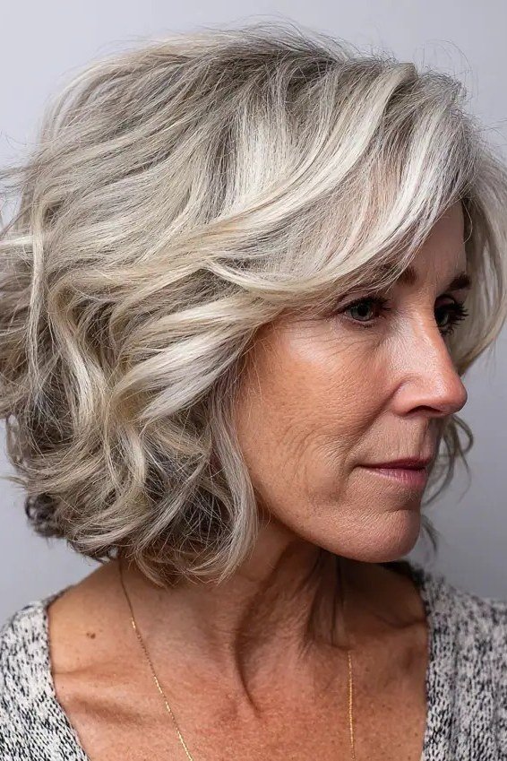 Grey wavy bob with natural texture for women over 50