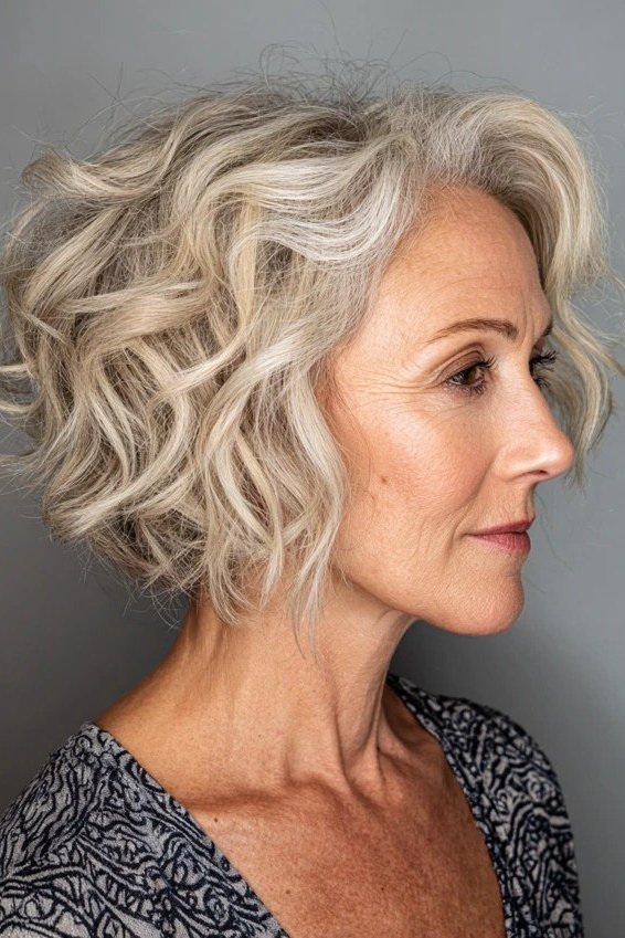 Platinum blonde curly bob for women over 50