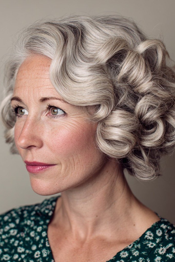 Romantic silver curly updo for women over 50