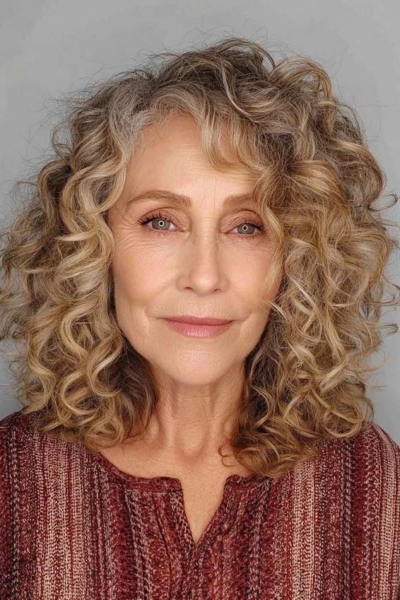 Shoulder length grey curly hair for women over 50