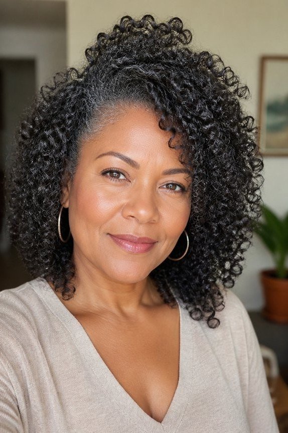 Dark curly crop with hoop earrings for women over 50