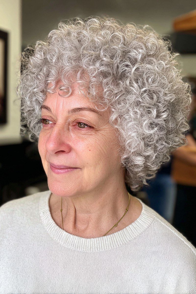 White voluminous curly hair for women over 50