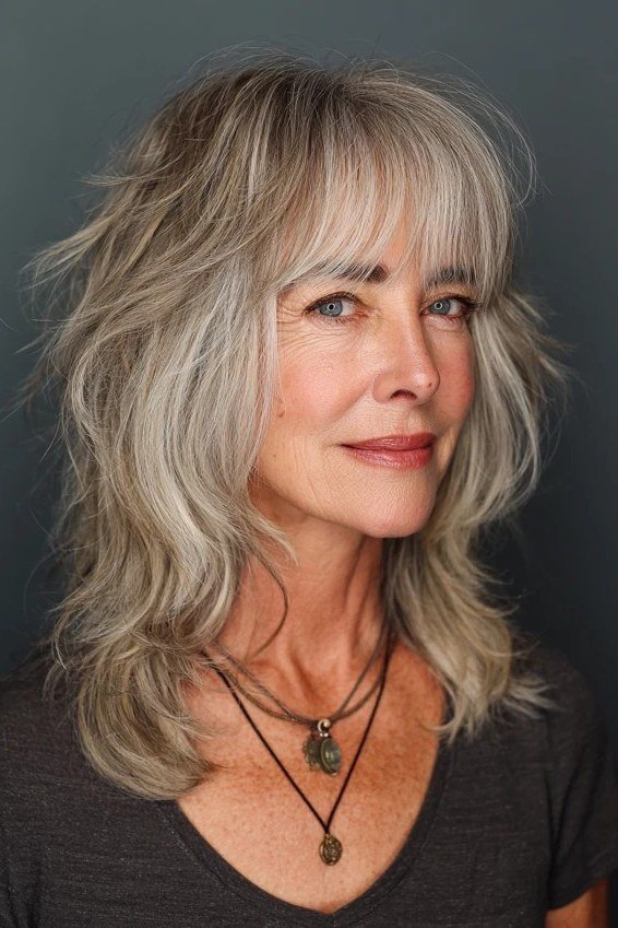 Grey shag with wispy bangs for women over 50