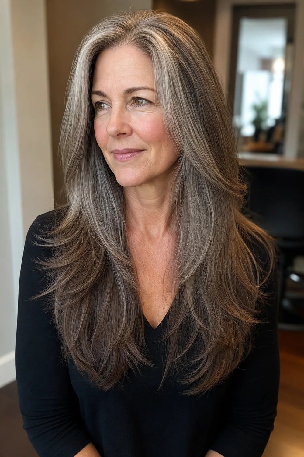 Brunette long layered haircut for women over 50