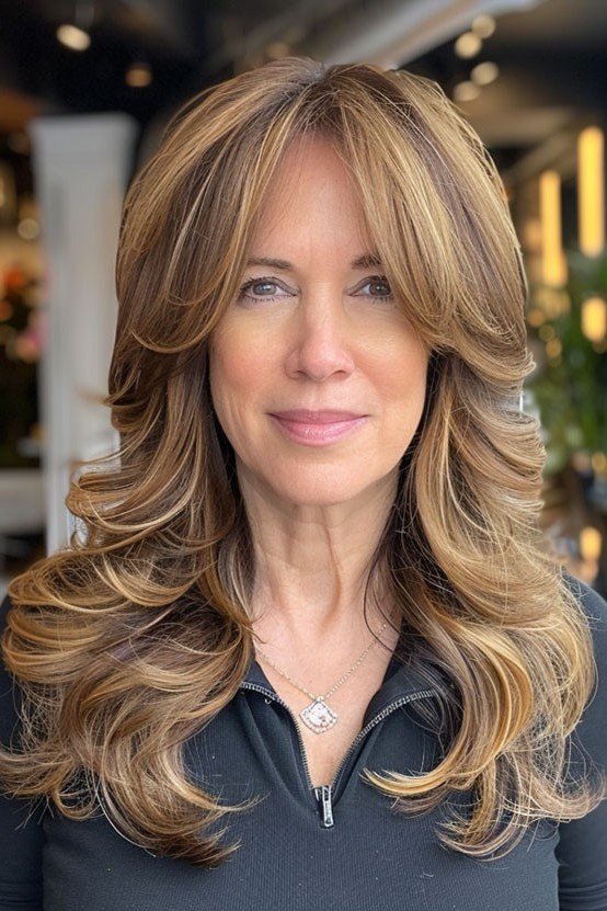 Honey blonde long layered hair for women over 50
