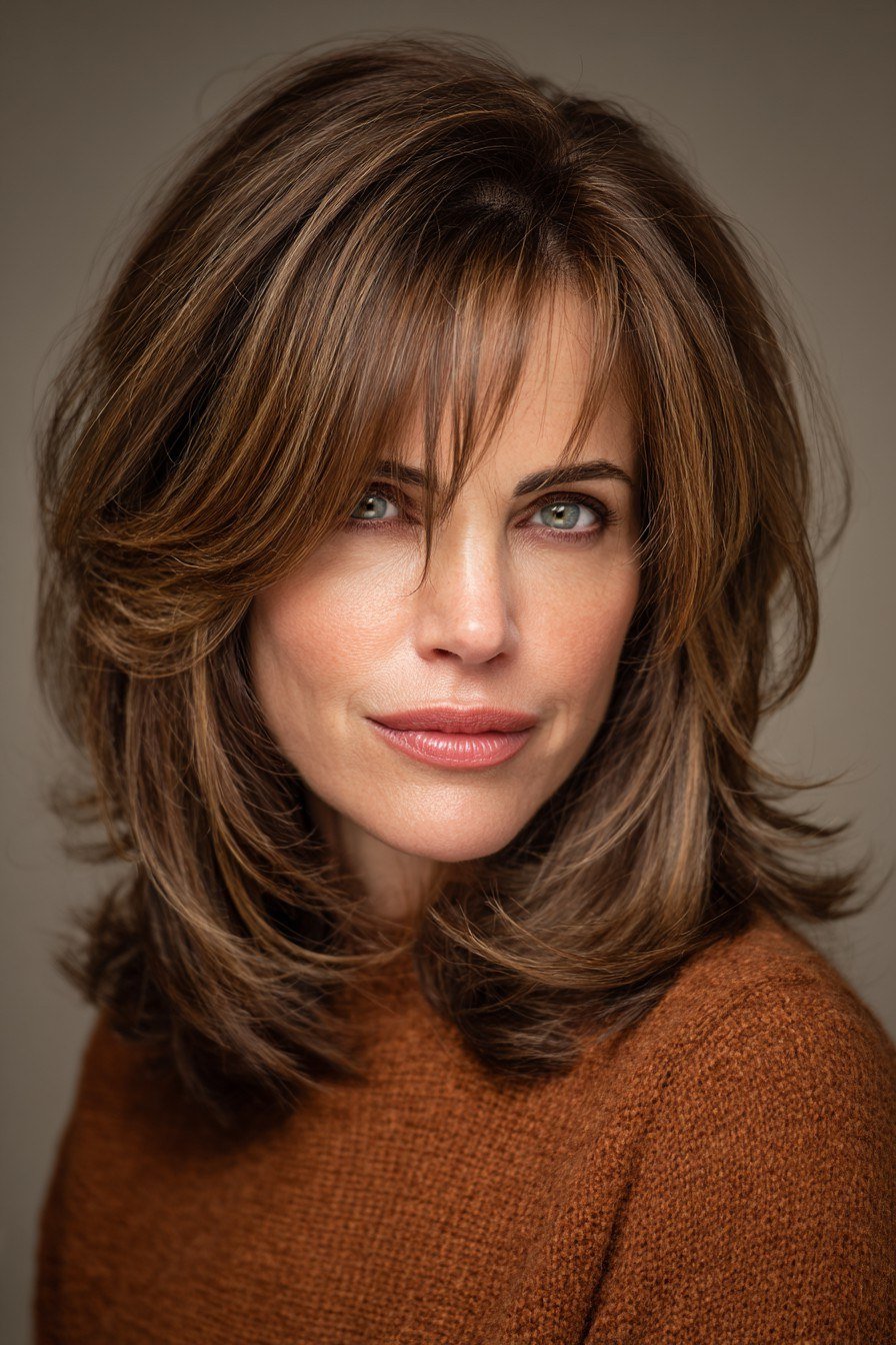 Brunette long layers with curtain bangs for women over 50