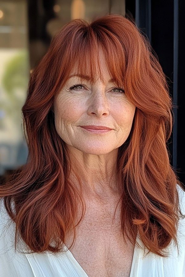Copper red long layered hair for women over 50