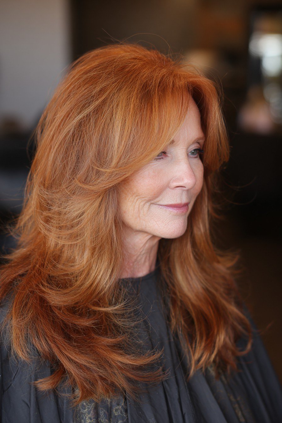 Red wavy long layered hair for women over 50
