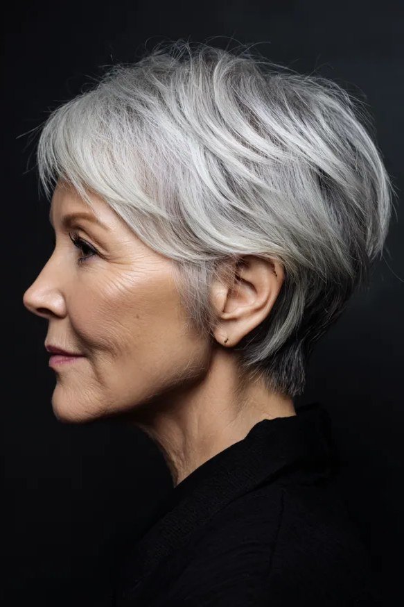 Sleek silver pixie haircut on older woman, side profile view