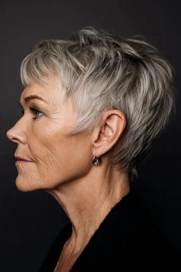 Tapered silver pixie haircut with neat nape, side profile