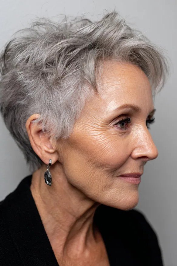 Textured salt and pepper pixie cut with choppy layers