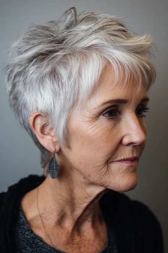 White pixie haircut with voluminous crown layers