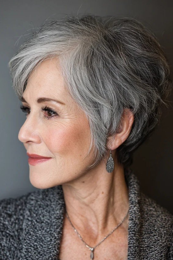 Silver layered pixie hairstyle, side view