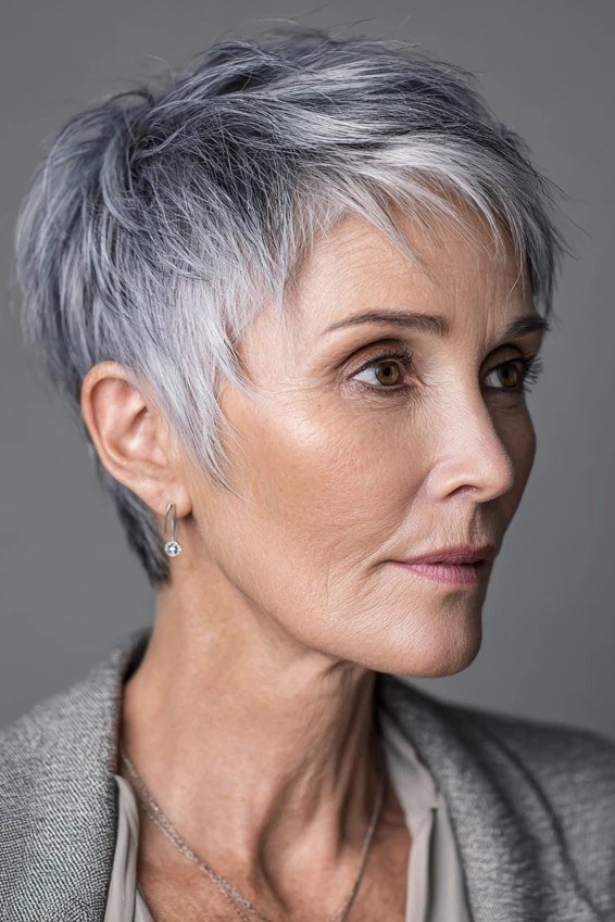 Neatly tapered silver pixie cut, front view