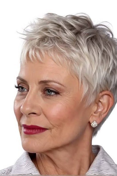 White pixie haircut with red lipstick, front view