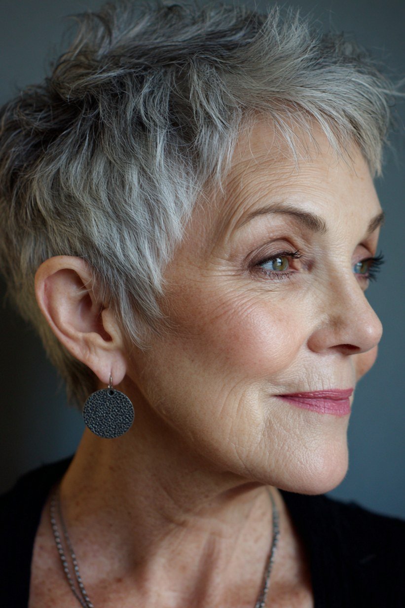Side-swept salt and pepper pixie cut