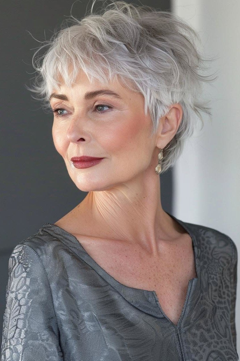 Wispy white pixie haircut, front view