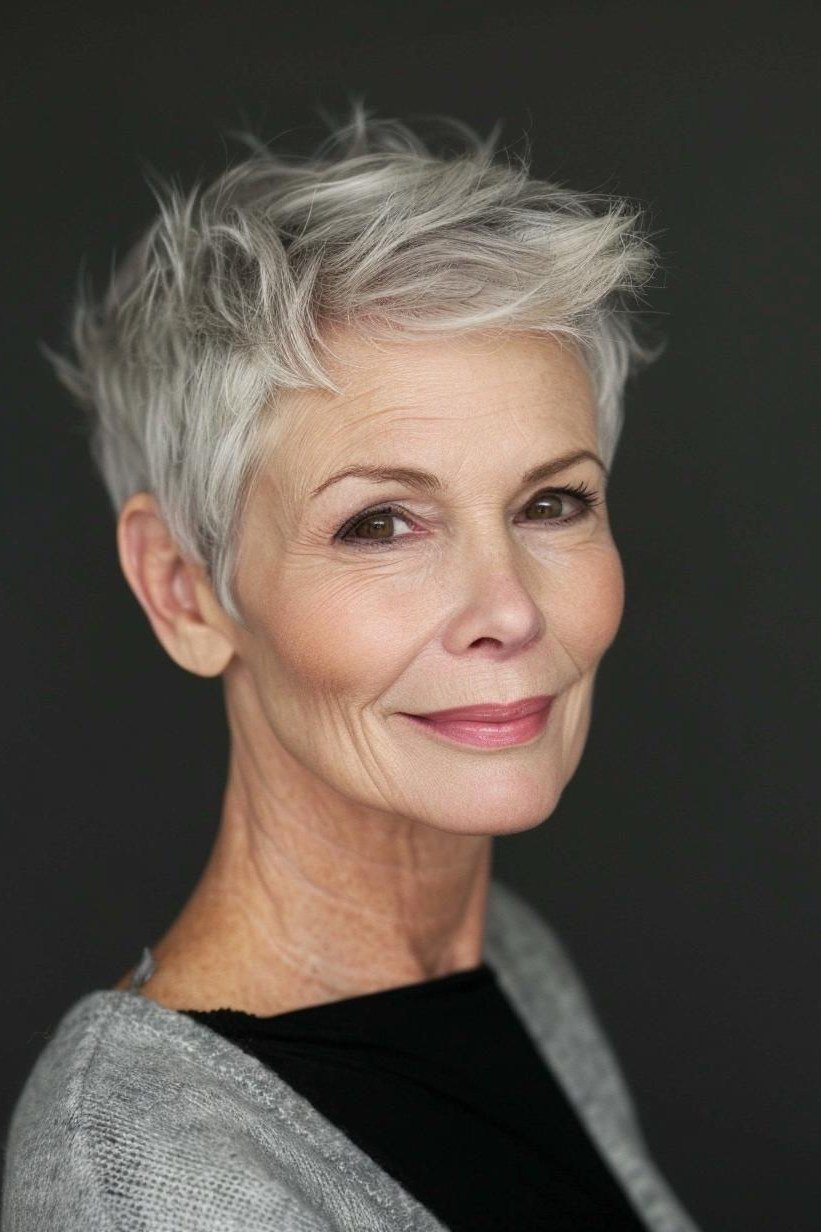 Softly layered silver pixie cut, front view
