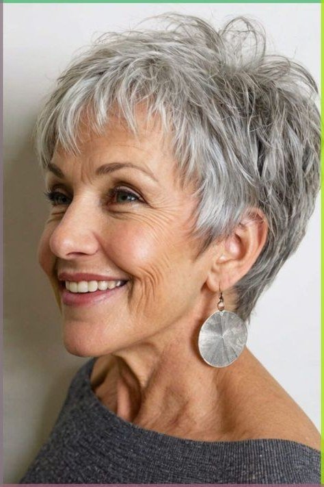 Textured silver pixie cut, three-quarter view