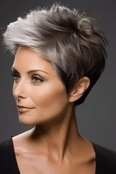 Dark salt and pepper spiky pixie cut