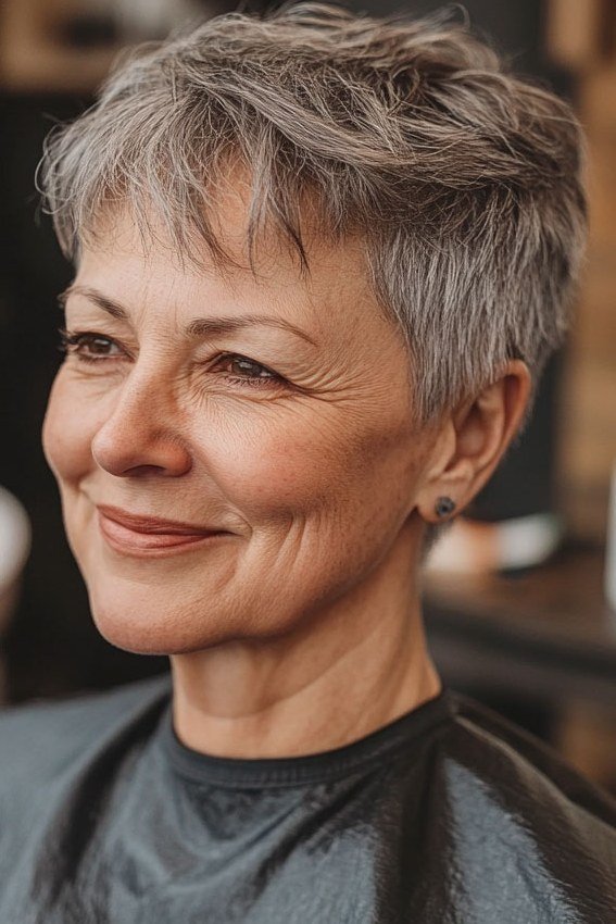 Silver pixie haircut, fresh salon style