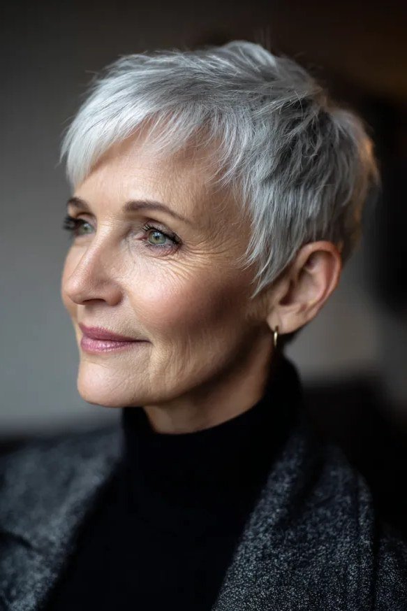Polished silver pixie haircut, side view