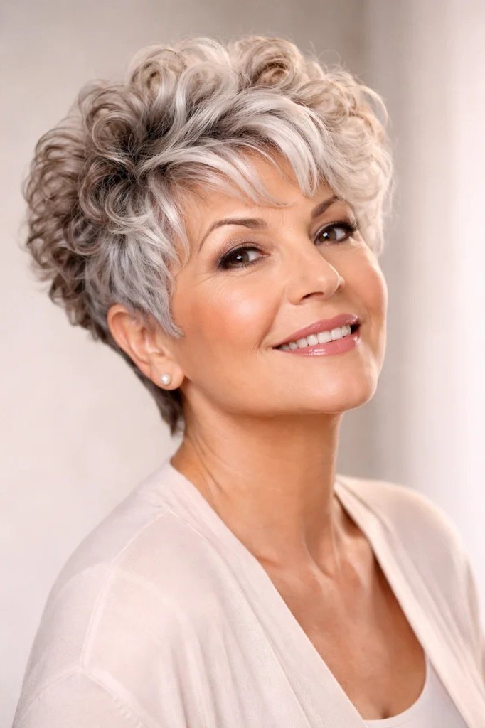 Curly white pixie haircut, front view