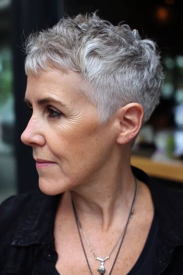 Silver pixie haircut side profile