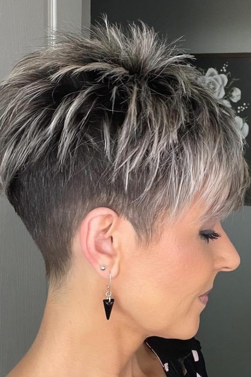 Tapered silver pixie haircut, side view