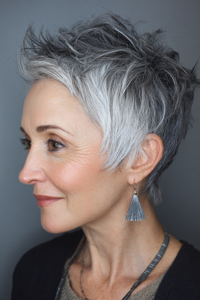 Spiky silver pixie haircut with edge, side view