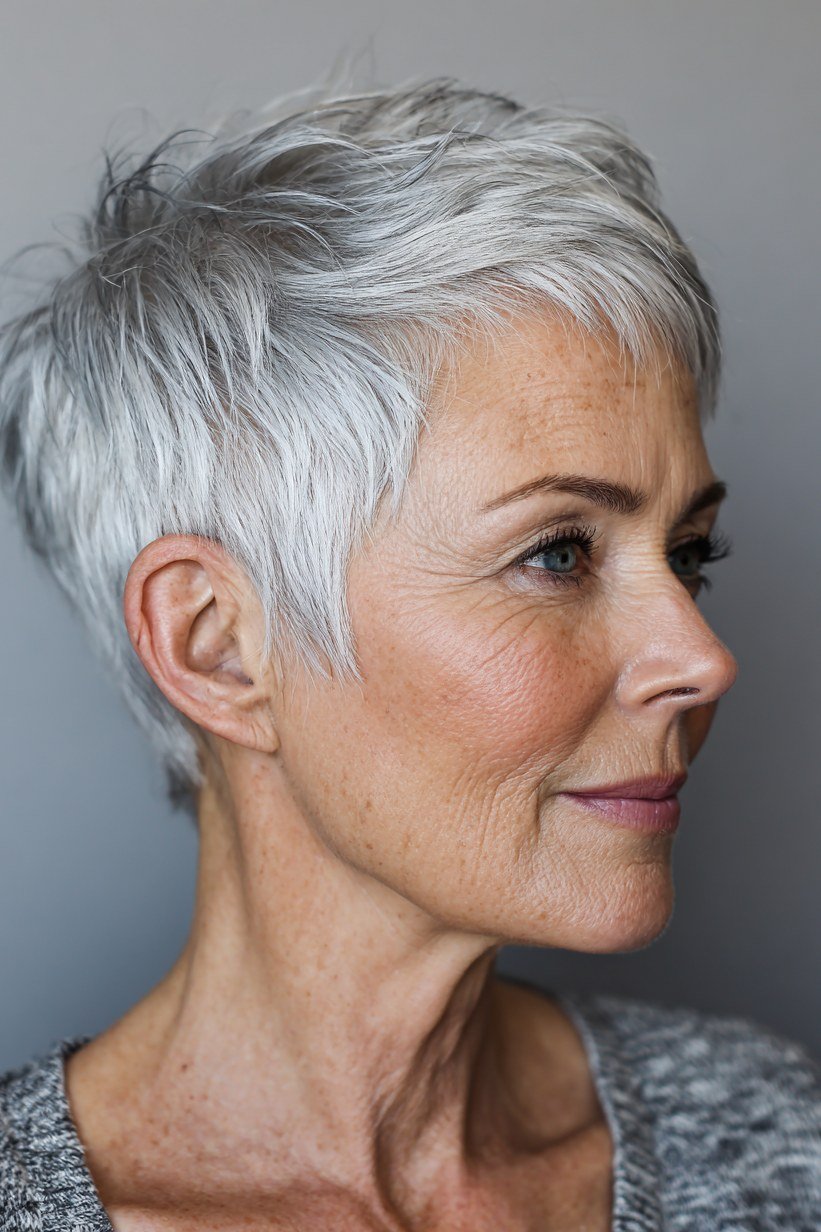 Silver pixie haircut, clean side profile