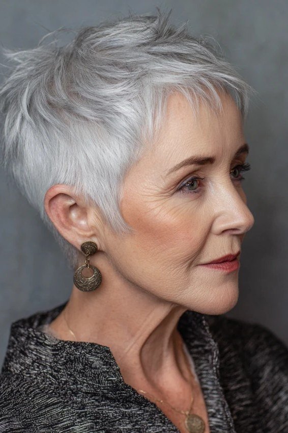 Polished silver pixie haircut, side view